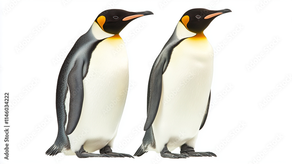 Fototapeta premium Emperor penguins couple standing together on white background
