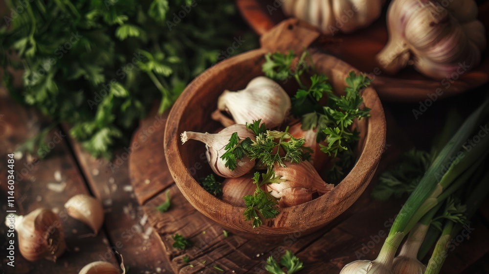 Fresh vegetables and herbs in a rustic wooden bowl Fresh vegetables and herbs in a rustic wooden bowl