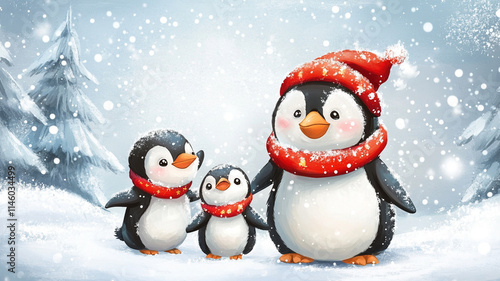 Wallpaper Mural Cute penguin family in snow, enjoying winter day together Torontodigital.ca