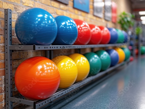 Fitness Equipment Rack with Colorful Exercise Balls, Black Metal Structure in Indoor Gym for Commercial Use