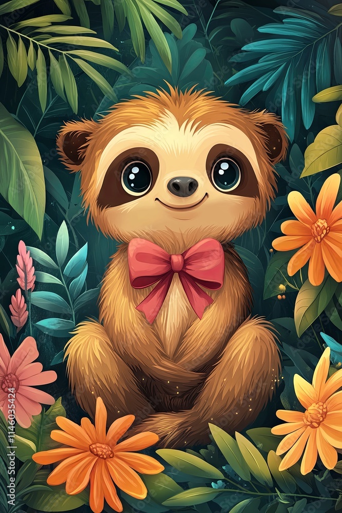 Obraz premium A vibrant cartoon-style illustration of an adorable sloth wearing a pink bow, sitting amidst a colorful array of flowers