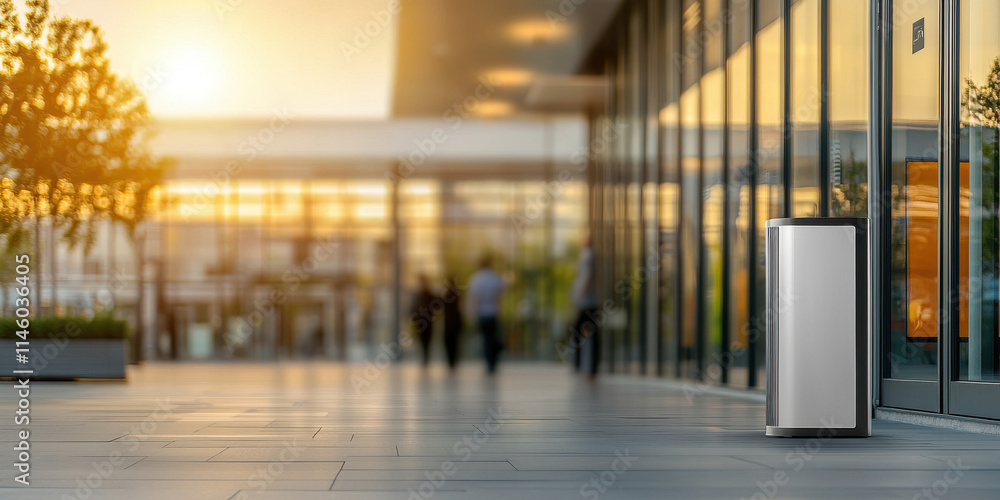 Modern urban setting with trash bin at sunset, showcasing clean design Modern urban setting with trash bin at sunset, showcasing clean design