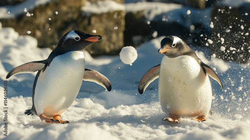 Obraz premium Playful penguins throw snowballs in snowy landscape, showcasing fun and joy
