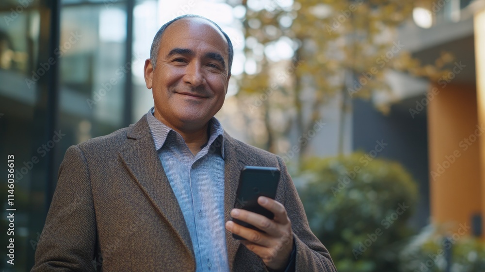 Smiling Man Standing Outdoors with Phone in Hand Smiling Man Standing Outdoors with Phone in Hand