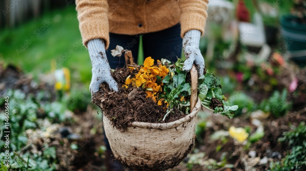 Fototapeta premium Gardener carrying basket with compost and organic waste for recycling
