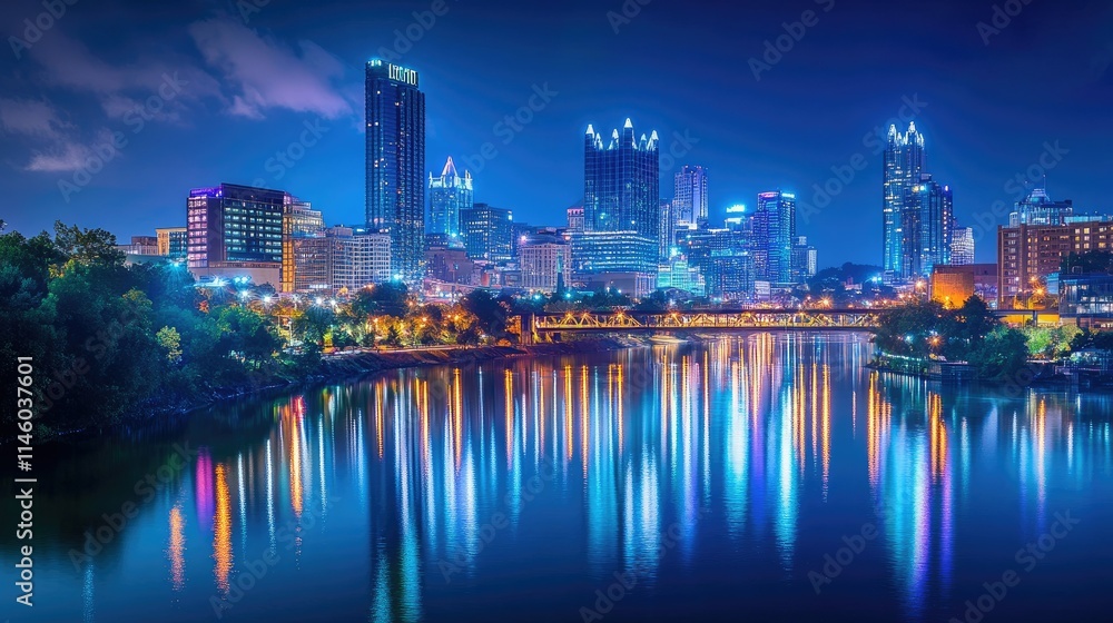 Fototapeta premium Nighttime cityscape of Pittsburgh with colorful reflections on the water, showcasing urban skyline lights and scenic waterfront beauty under a starry sky.