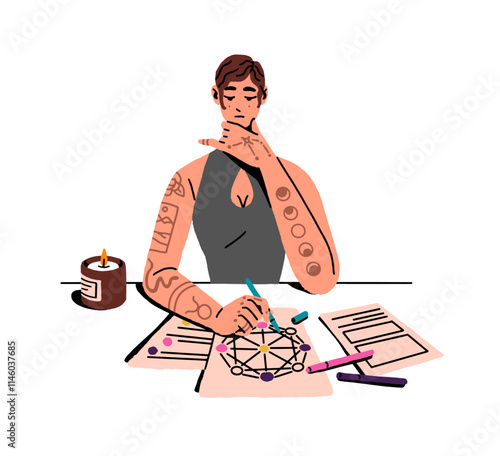 Fortune teller does divination with horoscope, astrology. Fortuneteller reading destiny by natal chart. Woman telling fate with numerology. Flat isolated vector illustration on white background