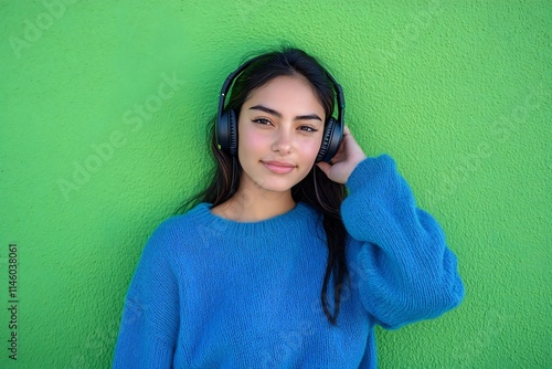 A young mexican latin american woman wears headphones while dressed in a blue sweater and jeans. sHe exhibits a relaxed yet confident attitude against a vibrant green background photo