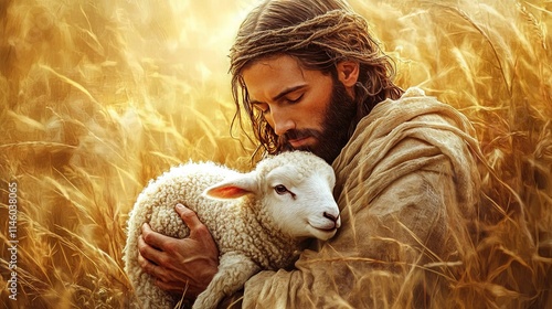 A Christian abstract minimalist canvas painting of Jesus Christ holding a lamb, symbolizing Him as the Good Shepherd, with Bible verses in the background, ideal for Easter-themed wall art
