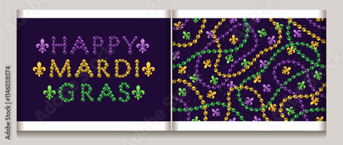 Mardi Gras headline, caption made with beads in traditional colors. Seamless pattern with randomly scattered Fleur de Lis sign, interlaced strings beads.