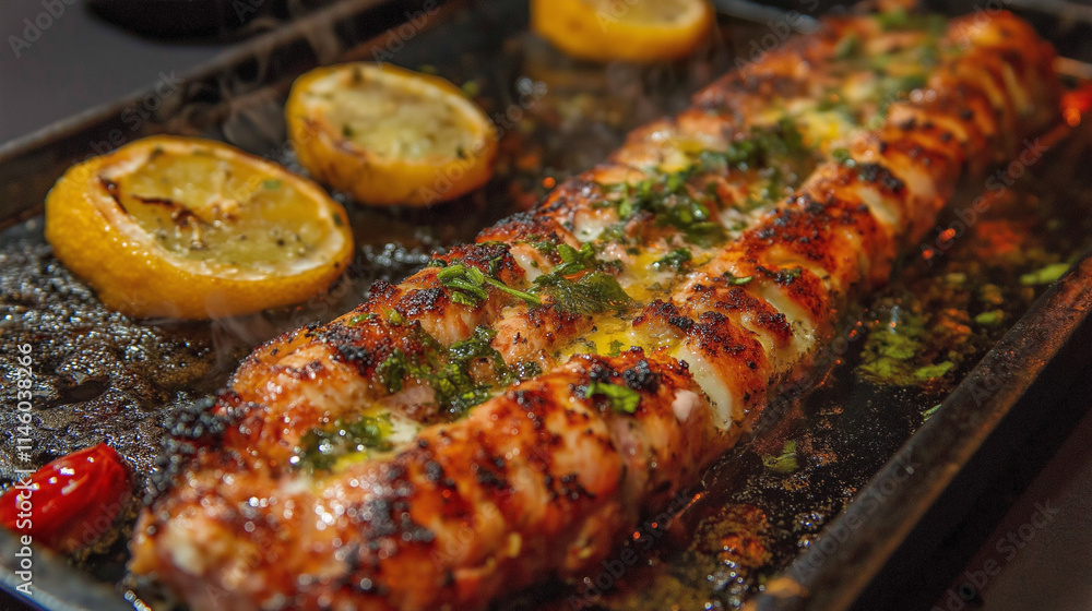 Carbonada, mouthwatering mood, grilled meat with lemon and herbs on sizzling plate, copy space Carbonada, mouthwatering mood, grilled meat with lemon and herbs on sizzling plate, copy space