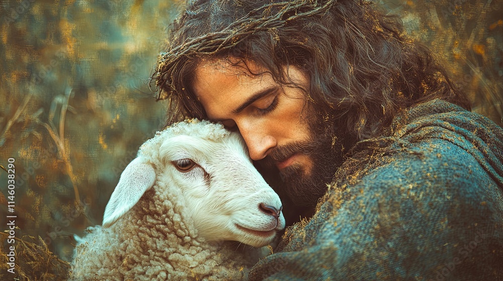 A Christian abstract minimalist canvas painting of Jesus Christ holding a lamb, symbolizing Him as the Good Shepherd, with Bible verses in the background, ideal for Easter-themed wall art A Christian abstract minimalist canvas painting of Jesus Christ holding a lamb, symbolizing Him as the Good Shepherd, with Bible verses in the background, ideal for Easter-themed wall art