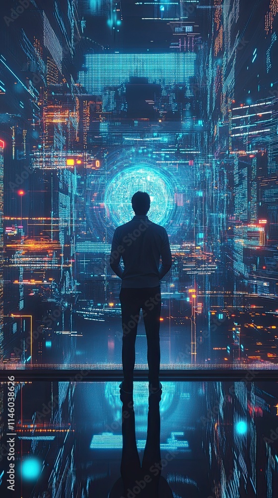 Fototapeta premium Person observes glowing digital cityscape, data streams.