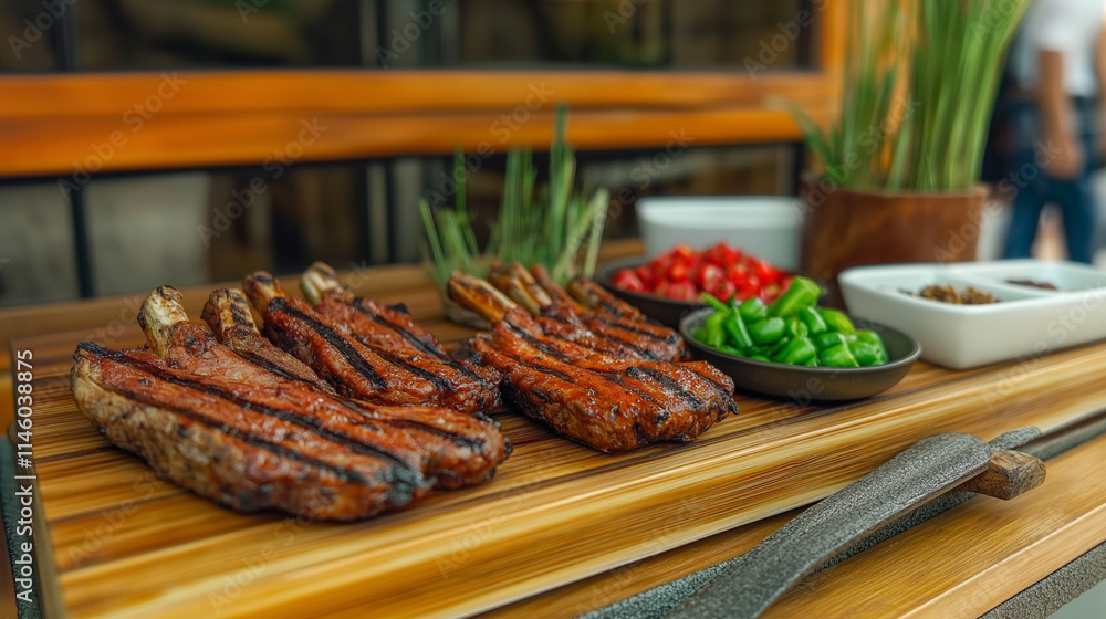 Carbonada, hearty mood, grilled meat served on wooden board with vegetables and sauces, copy space