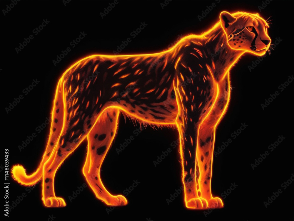 Fototapeta premium Silhouette of a cheetah or leopard crafted from luminous yellow and orange colors on a black background