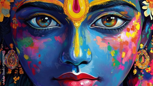 A vibrant illustration of Krishna's face, symbolizing a new universal spirituality, ideal for stock image designs photo