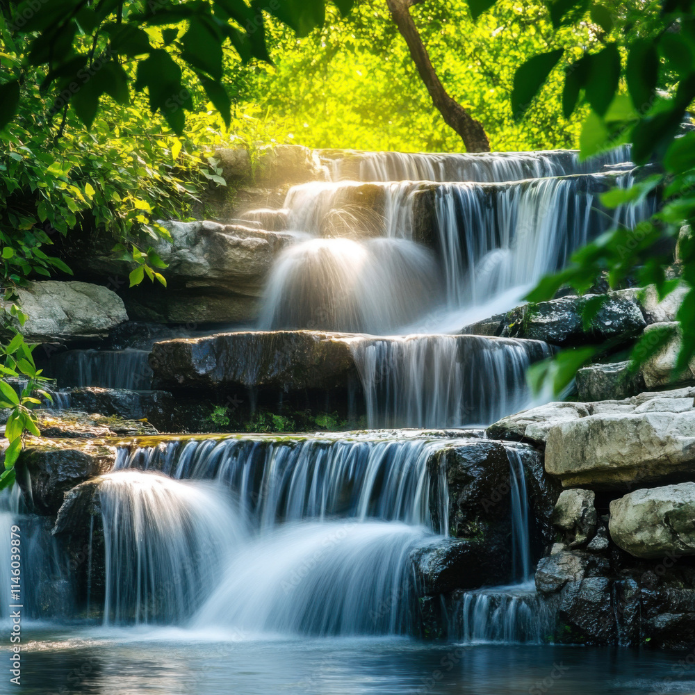 Obraz premium Water cascades over rocky ledges in a serene natural setting during a sunny afternoon