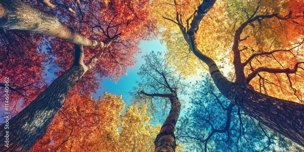 Naklejka premium Majestic background trees reaching towards the sky create a picturesque scene. The vibrant background trees enhance the natural beauty of the sky, making it a stunning visual experience.