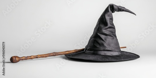 Black hat alongside a magic wand placed against a white background, creating a captivating scene featuring the black hat and magic wand with a sense of mystery and enchantment. photo