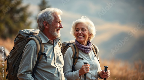 elderly couple hiking in a forest