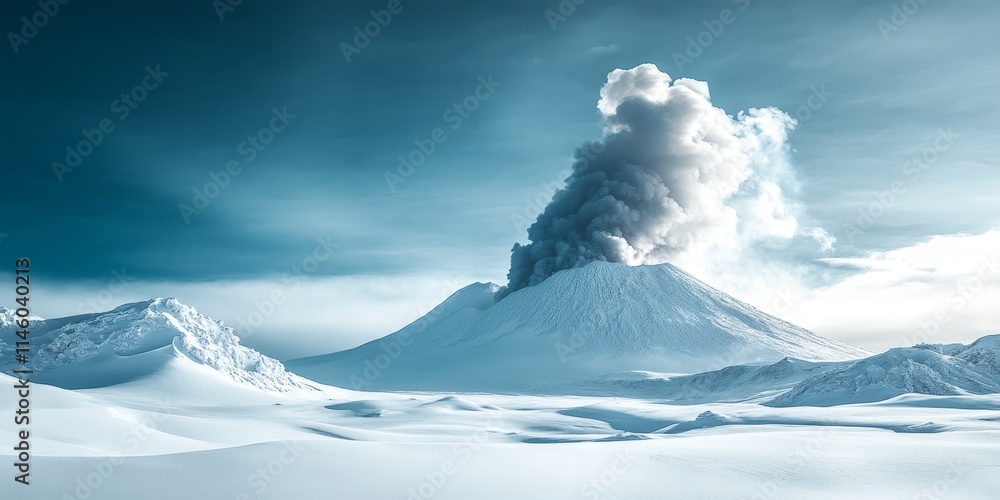 Fototapeta premium Smoke rising from a snow covered volcano creates a stunning natural landmark, showcasing the striking beauty of a volcano in a wintry landscape. This snow covered volcano captivates all who see it.