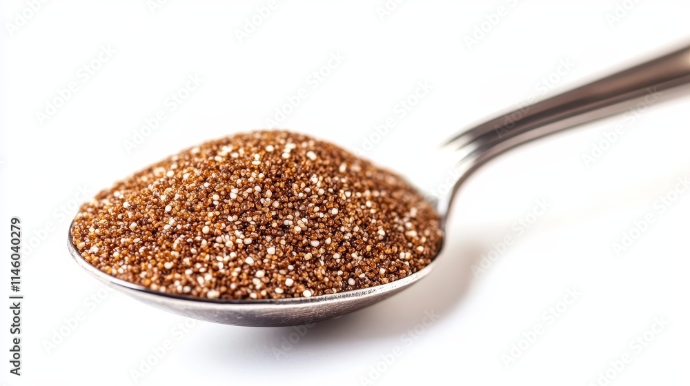 Brown teff grain is displayed in a spoon, isolated against a white background, highlighting the unique characteristics of brown teff grain for culinary and health uses. Brown teff grain is displayed in a spoon, isolated against a white background, highlighting the unique characteristics of brown teff grain for culinary and health uses.