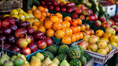 Colorful fresh fruits at a market stall