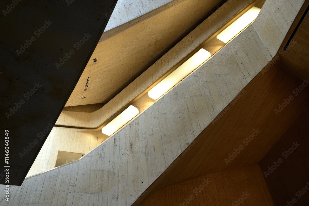 Obraz premium A photo of a building's exterior taken from the top of the stairs, with details on architecture and design
