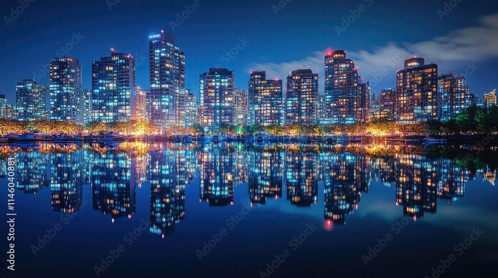 Stunning Night View of Modern City Skyline with Brightly Lit Towers Reflecting on Tranquil Water Surface, Creating Captivating Urban Landscape in Vibrant Colors Stunning Night View of Modern City Skyline with Brightly Lit Towers Reflecting on Tranquil Water Surface, Creating Captivating Urban Landscape in Vibrant Colors