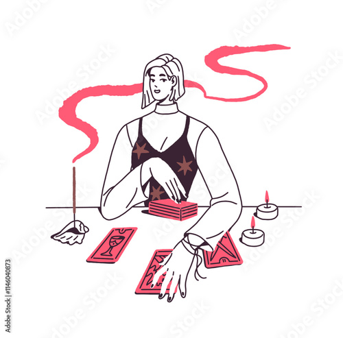 Outline fortune teller with candles makes tarot reading. Fortuneteller does divination of destiny with magic card deck. Woman does future telling. Flat isolated hand drawn vector illustration on white