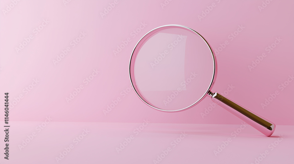 Magnifying glass with a shiny silver handle placed against a soft pink background, representing search, focus, and investigation. Concept of searching, analysis, and exploration. Magnifying glass with a shiny silver handle placed against a soft pink background, representing search, focus, and investigation. Concept of searching, analysis, and exploration.