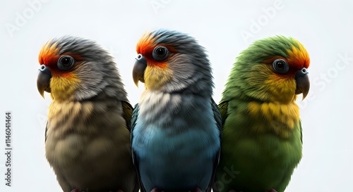 A hyper-realistic, 4K image of three colorful birds perched in a row. The birds have vibrant plumage with different colors, and the background is a solid pure white color, making the colors of the bir photo