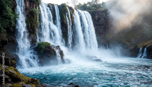Majestic waterfall cascading into a rocky river  