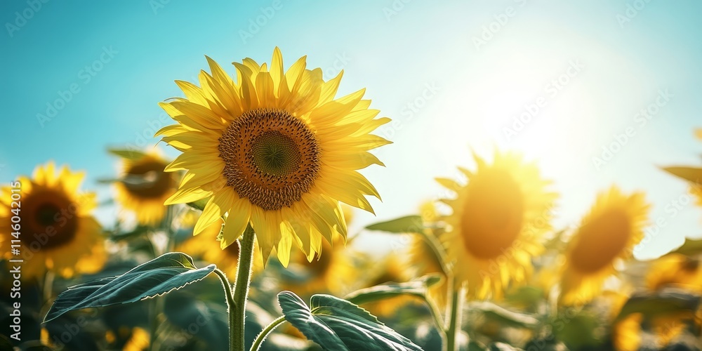 Fototapeta premium Vibrant sunflower field showcasing numerous large sunflowers against a clear blue sky, creating a picturesque scene filled with the beauty of sunflowers and nature s charm.