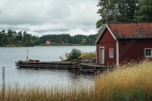 Cozy red house situated beside a calm body of water, great for home decor or real estate use photo