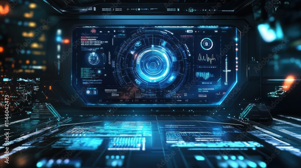 Futuristic User Interface Displaying Data and Analytics in a High-Tech Control Room with Neon Lights and Holographic Elements Futuristic User Interface Displaying Data and Analytics in a High-Tech Control Room with Neon Lights and Holographic Elements