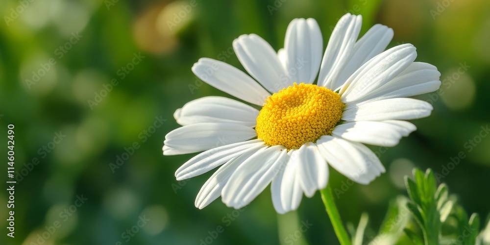 Springtime brings a gorgeous single white chamomile flower, showcasing its beauty in a garden on a sunny day. This chamomile close up offers a side view with selective soft focus, capturing the charm Springtime brings a gorgeous single white chamomile flower, showcasing its beauty in a garden on a sunny day. This chamomile close up offers a side view with selective soft focus, capturing the charm