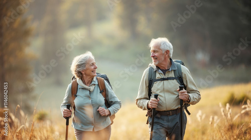 Fototapeta Naklejka Na Ścianę i Meble -  elderly couple hiking in a forest