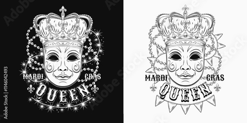 Mardi Gras Queen label. Emblem with carnival venetian face mask in imperial crown, intertwined interlaced strings of beads, lights garland, pennants bunting, text. Monochrome composition