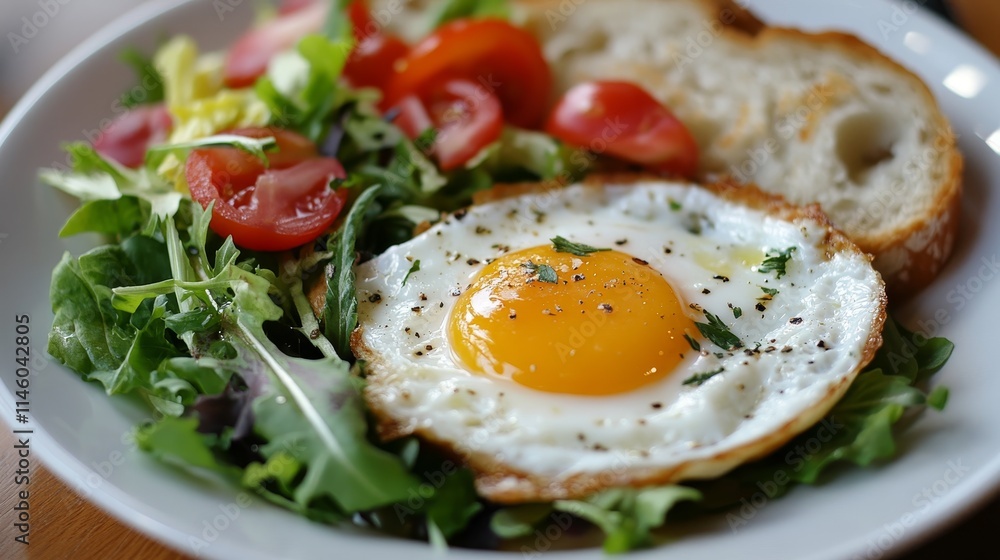 Deliciously prepared fried eggs accompanied by a fresh salad, hearty bread, and creamy cheese, creating a mouthwatering dish with fried eggs that tantalize the taste buds. Deliciously prepared fried eggs accompanied by a fresh salad, hearty bread, and creamy cheese, creating a mouthwatering dish with fried eggs that tantalize the taste buds.