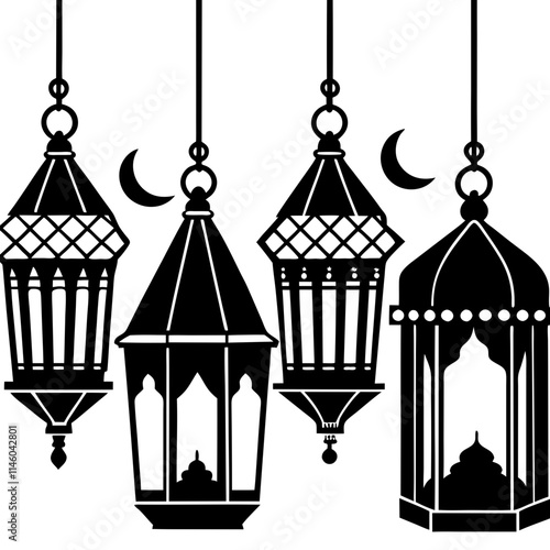 Ramadan Lanterns silhouette on white background