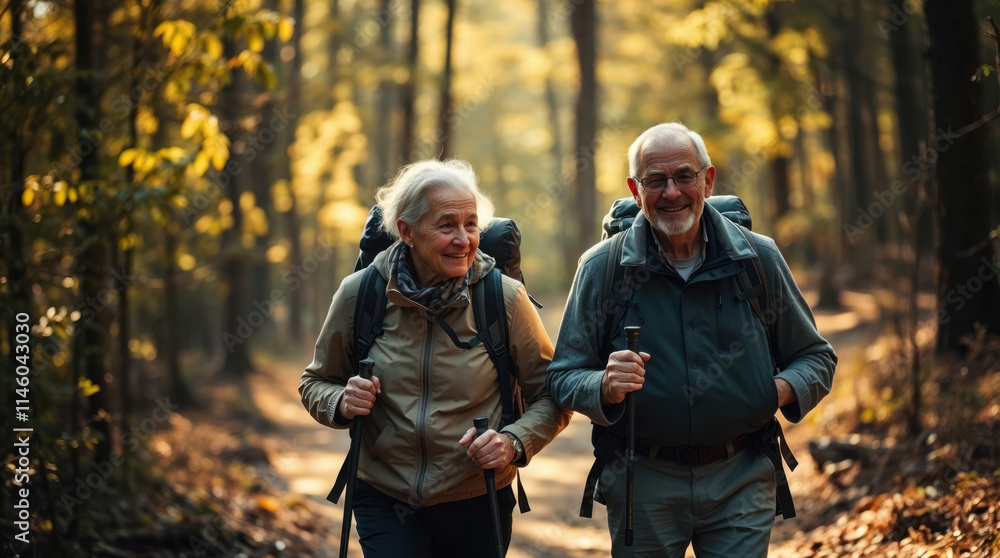 Fototapeta premium elderly couple hiking in a forest