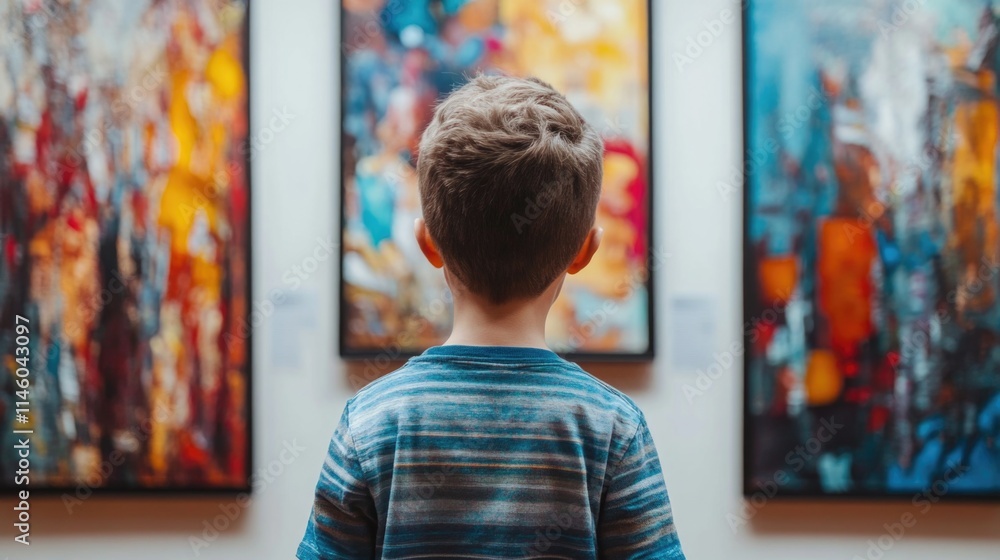 A boy looking at colorful paintings in an art gallery. A boy looking at colorful paintings in an art gallery.