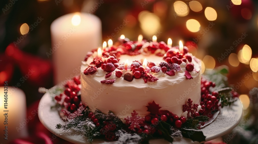 A beautifully designed Christmas cake surrounded by festive decorations A beautifully designed Christmas cake surrounded by festive decorations