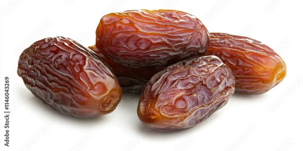 Close up image of dates isolated on a white background, showcasing the rich texture and color of the dates. The dates highlight their natural appeal and healthy attributes prominently. Close up image of dates isolated on a white background, showcasing the rich texture and color of the dates. The dates highlight their natural appeal and healthy attributes prominently.