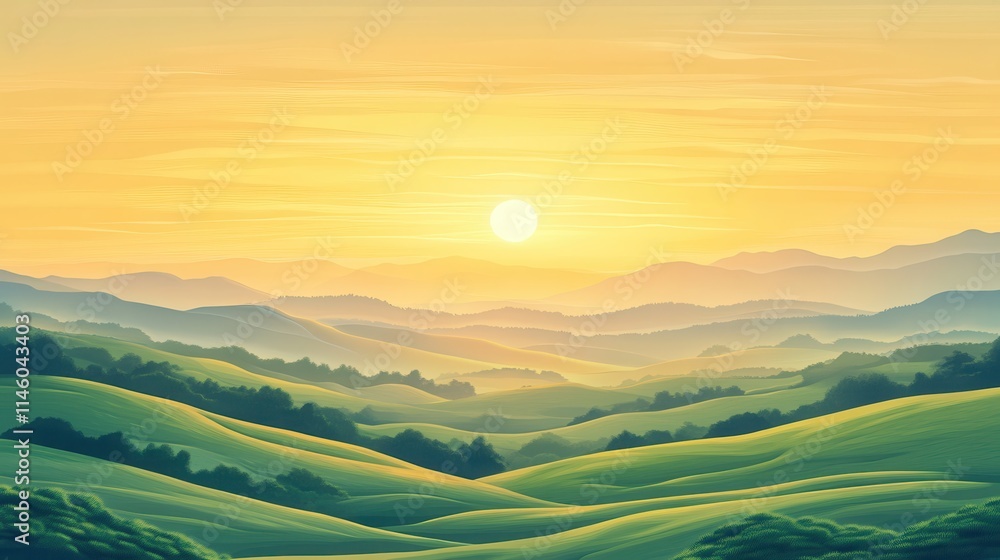 A calm countryside scene with a misty sunrise over rolling green hills A calm countryside scene with a misty sunrise over rolling green hills