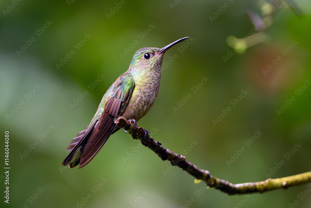 Fototapeta premium White-necked jacobin (Florisuga mellivora), female, less colorful, sitting on a branch with a green background.