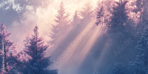Serene foggy landscape featuring sunlight filtering through majestic fir trees, creating a beautiful atmosphere. This captivating foggy landscape highlights the enchanting interplay of light and