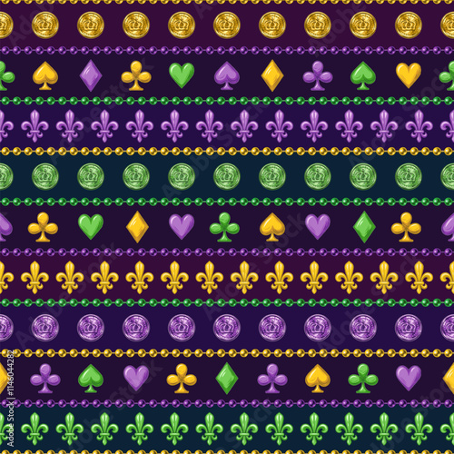 Mardi Gras seamless pattern with holiday symbols, strings of beads. Geometric pattern with horizontal stripes on dark background. Vintage style illustration