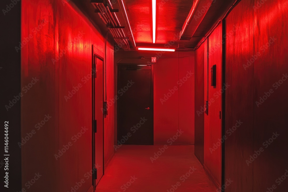 A long corridor with red lighting, ideal for use in interior design or architecture projects A long corridor with red lighting, ideal for use in interior design or architecture projects